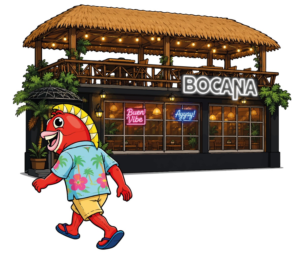 Fachada de Postres Bocana de noche, con la mascota caminando afuera